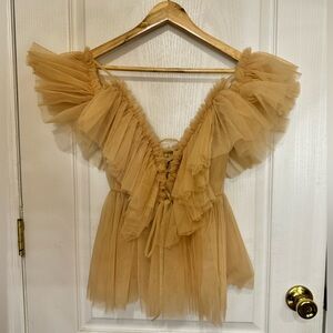 Off shoulder nude deep V lace up neck ruffle top